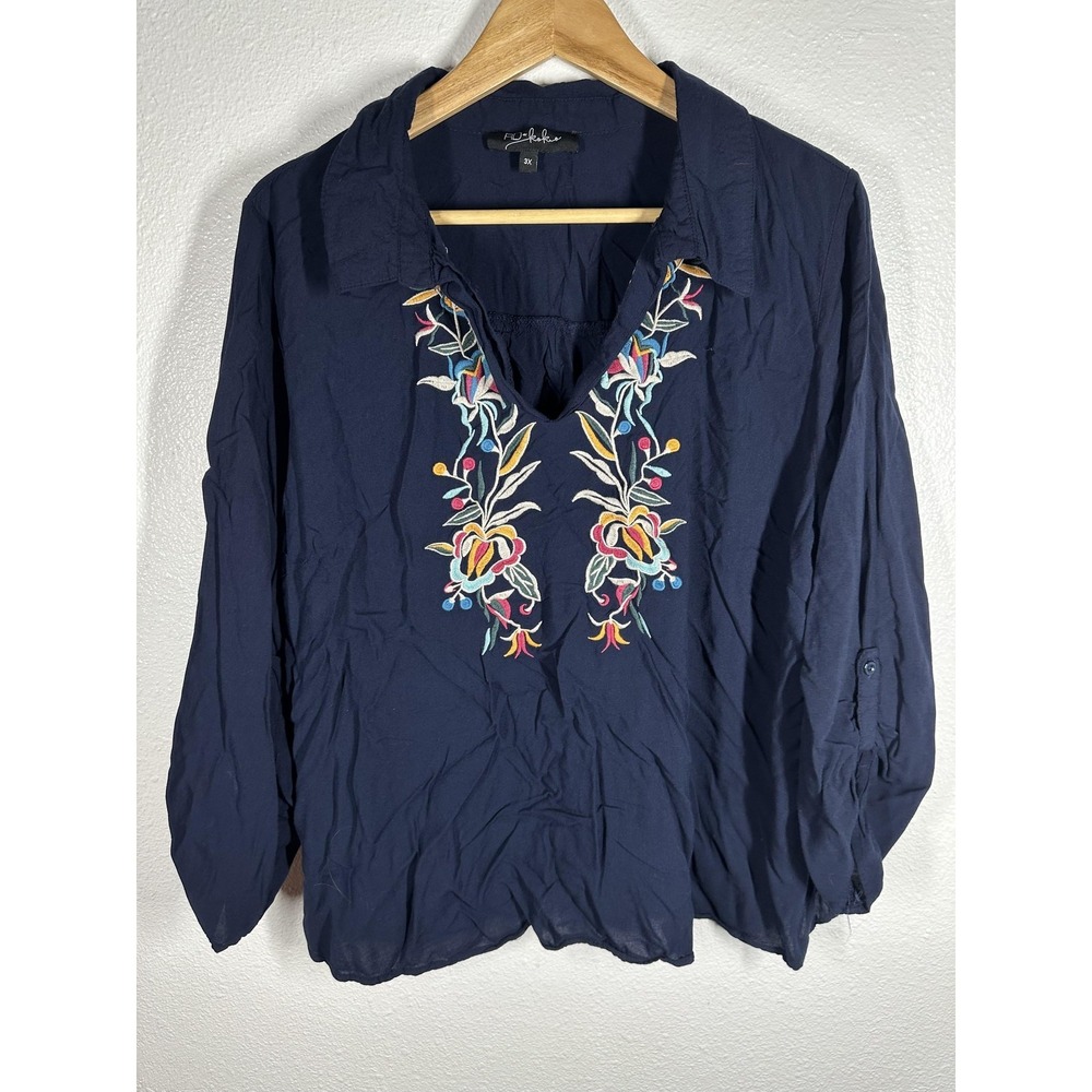 RD Koko Blouse Womens 3X Navy Embroidered Floral Collared Boho Tunic Top